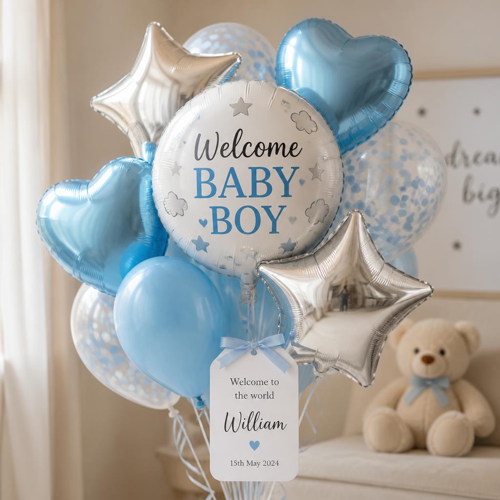 Welcome baby boy balloon bouquet with blue hearts and a personalised tag