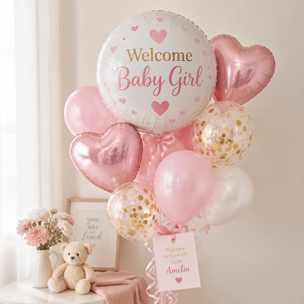 Welcome baby girl balloon bouquet with pink hearts and a personalised tag