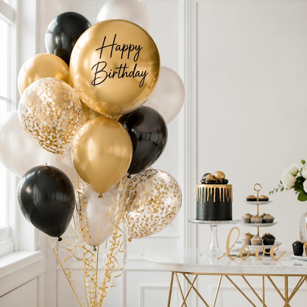 Gold and black birthday balloon bouquet beside a cake table