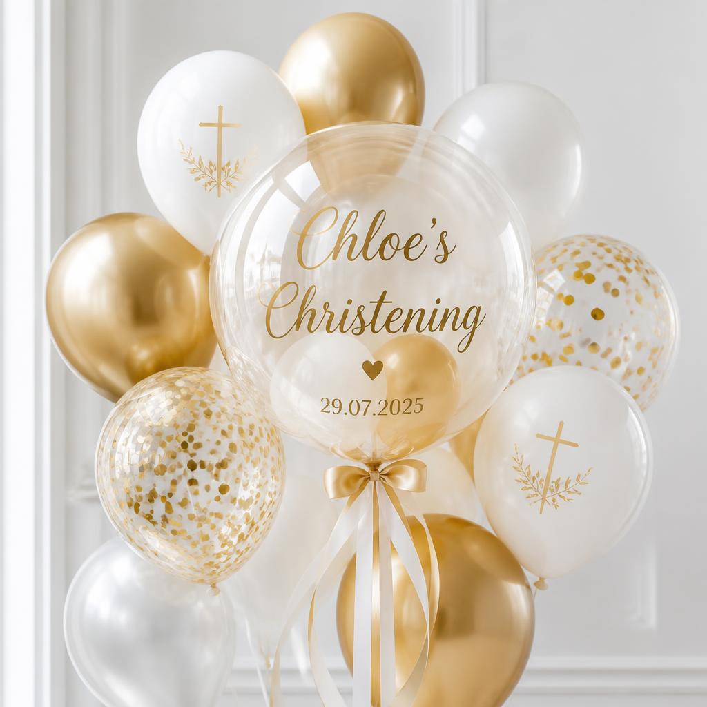 Personalised christening balloon bouquet in white and gold