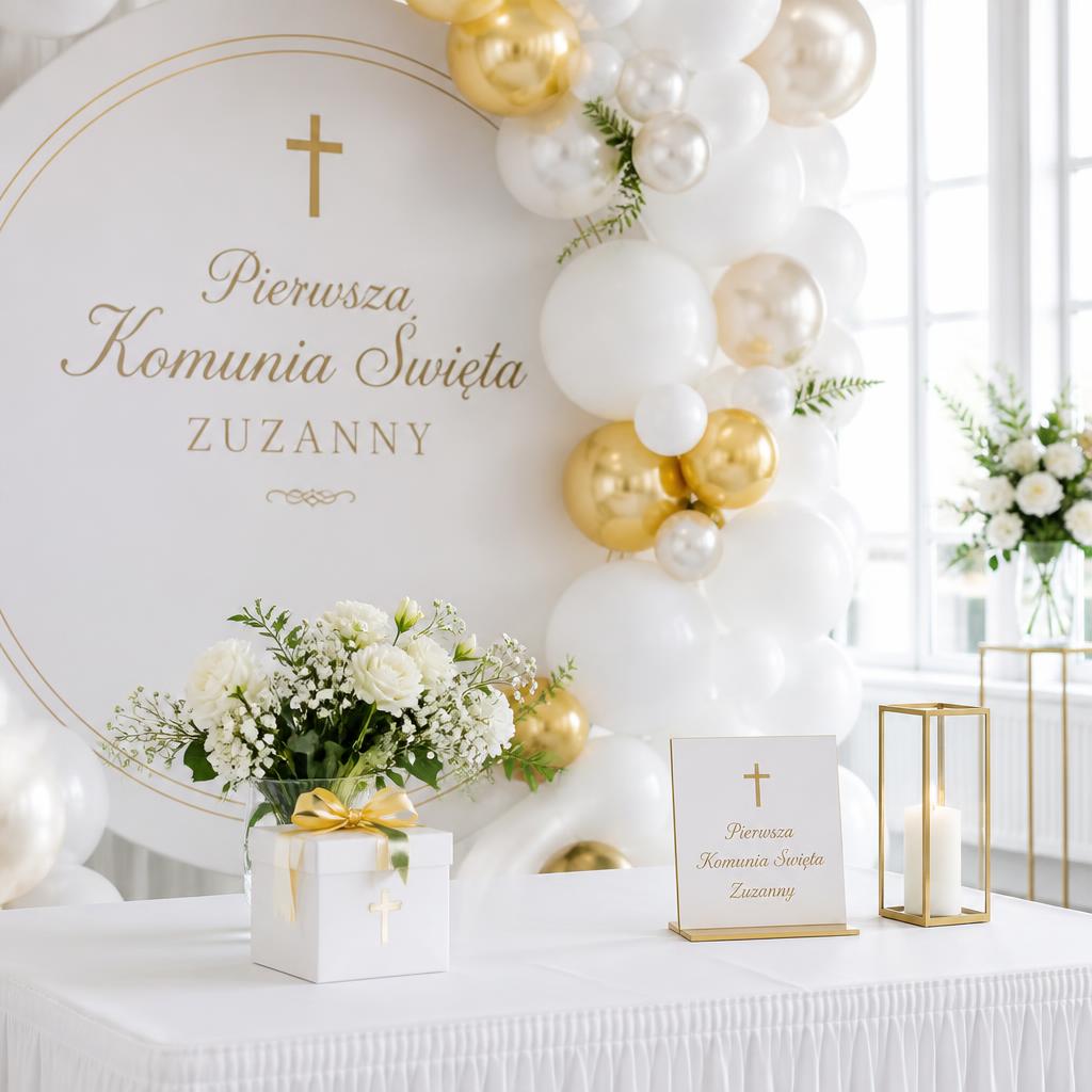 White and gold communion table display with balloons and flowers