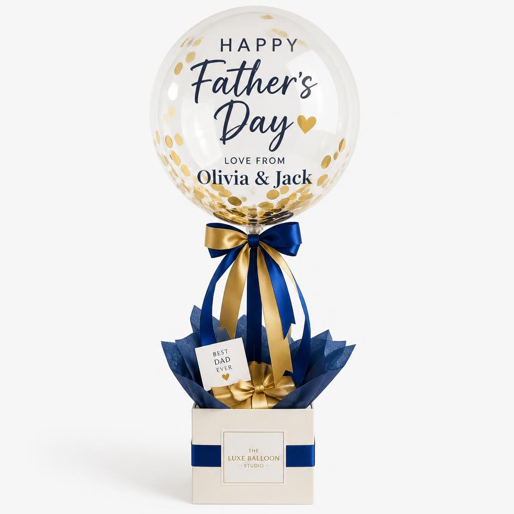 Personalised Father's Day bubble balloon with gold confetti and gift box