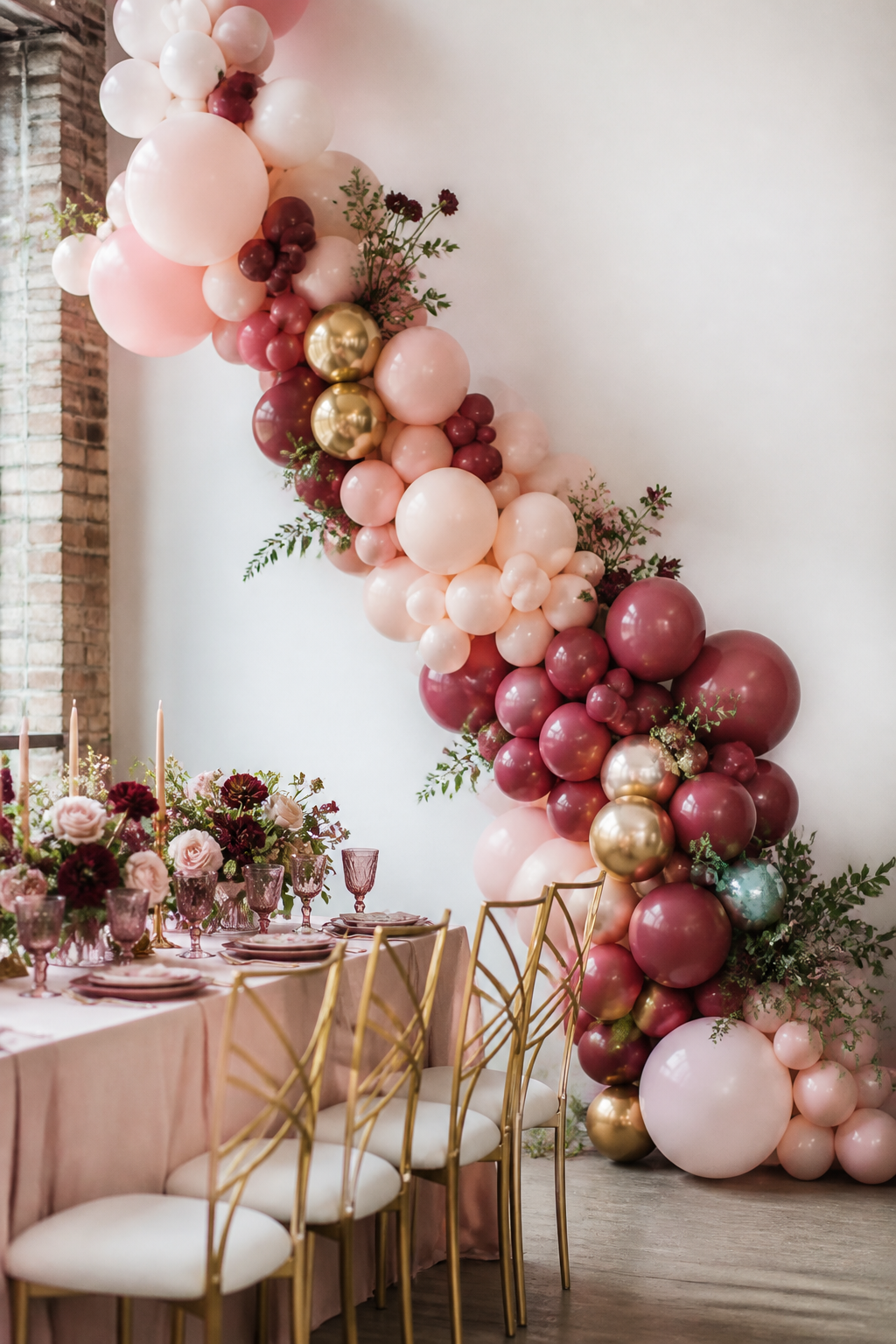 Blush and berry balloon garland styled above a decorated dining table