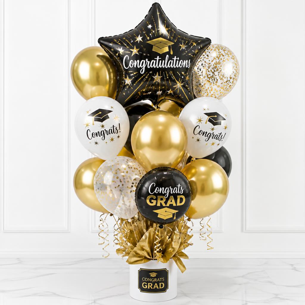 Congratulations graduation balloon bouquet in black and gold