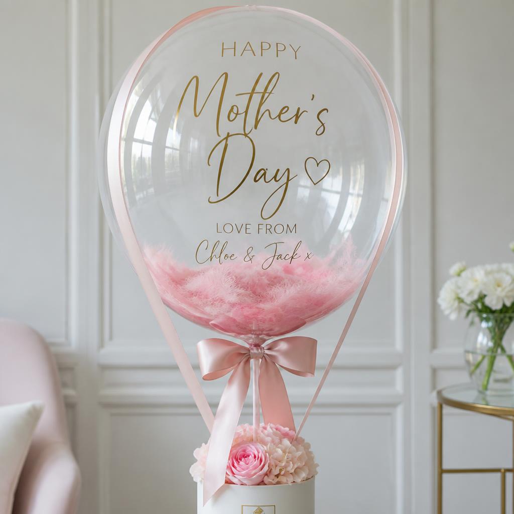 Personalised Mother's Day bubble balloon with pink feathers