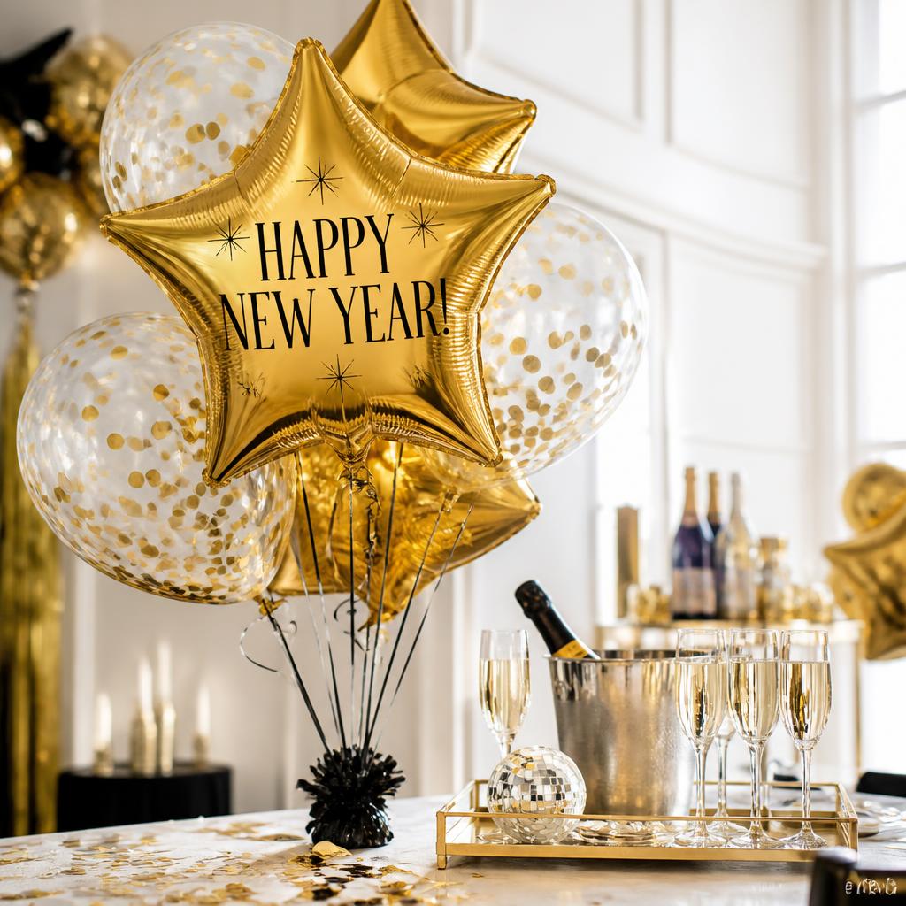 Gold star New Year balloon bouquet on a party table