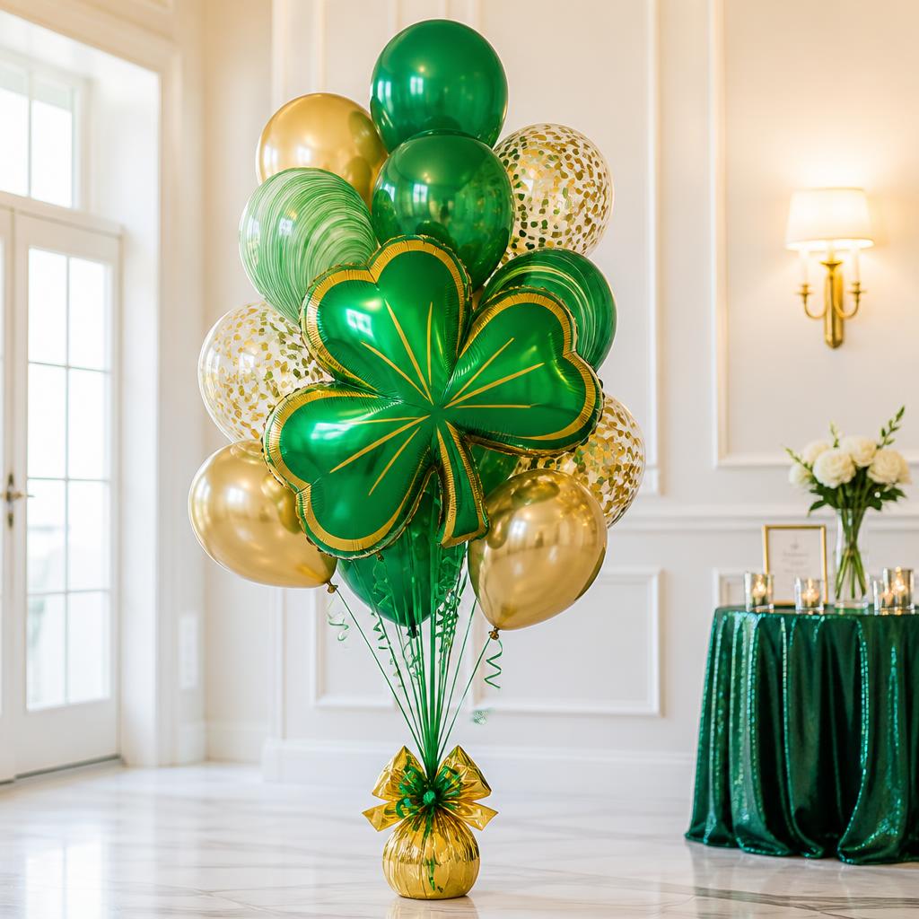 Green and gold shamrock helium balloon bouquet