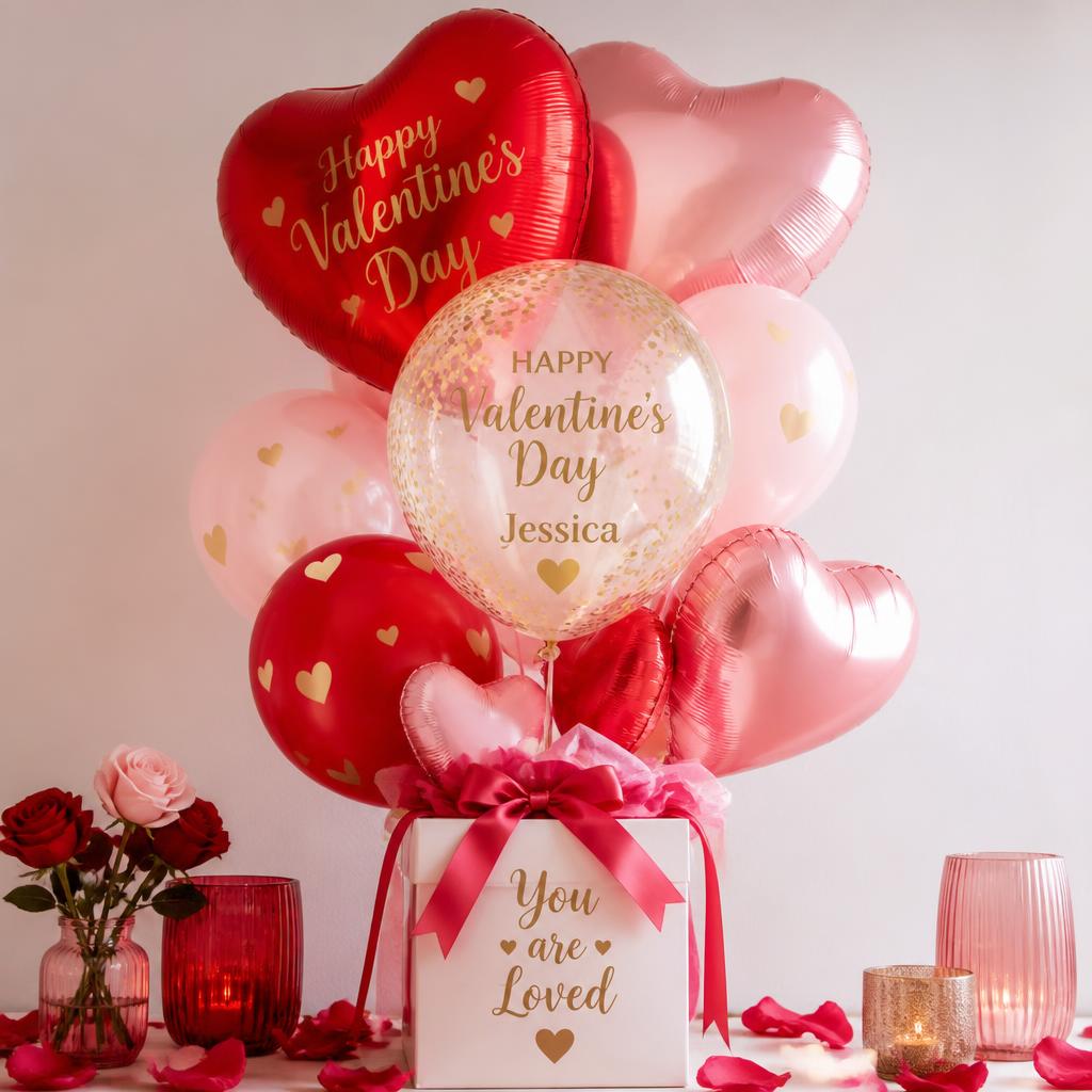 Personalised Valentine's Day balloon bouquet with gold love hearts and confetti