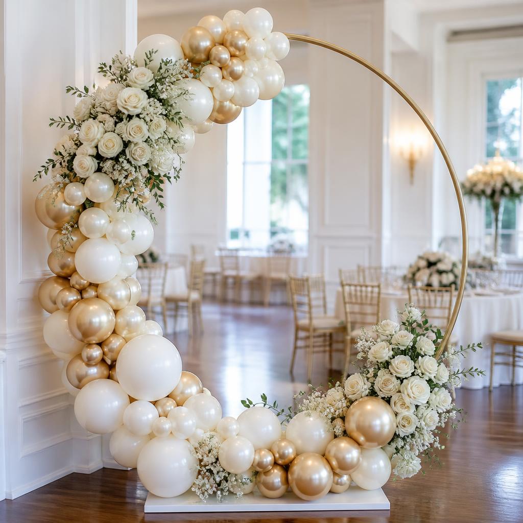Gold wedding balloon hoop with white roses at a reception