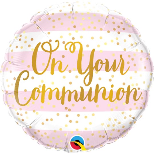 On Your Communion Pink Stripes Foil Balloon 18 Inch